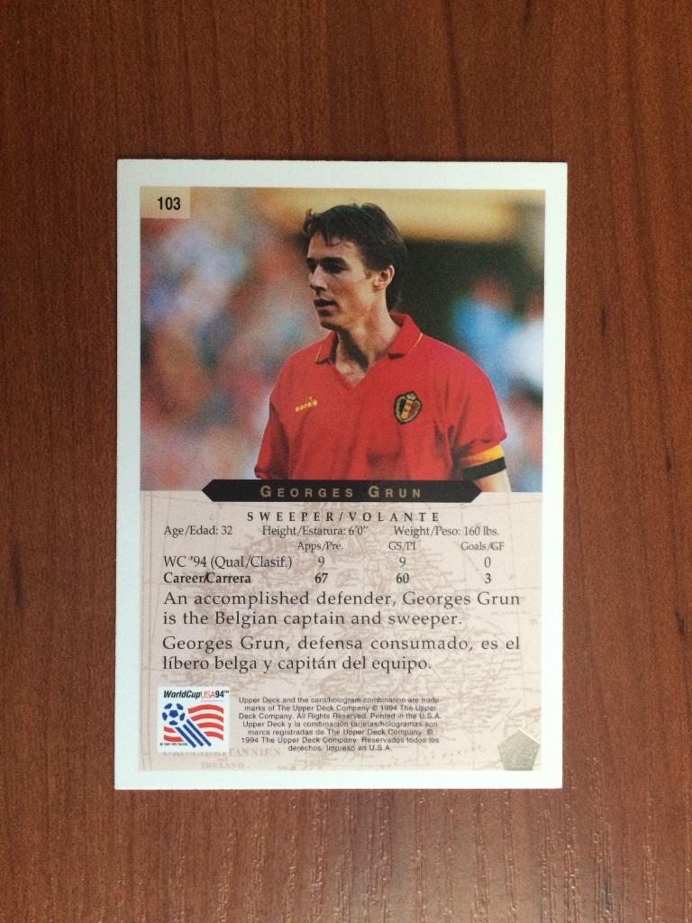 Карточка 1994 Upper Deck World Cup English/Spanish Georges Grun № 103 1