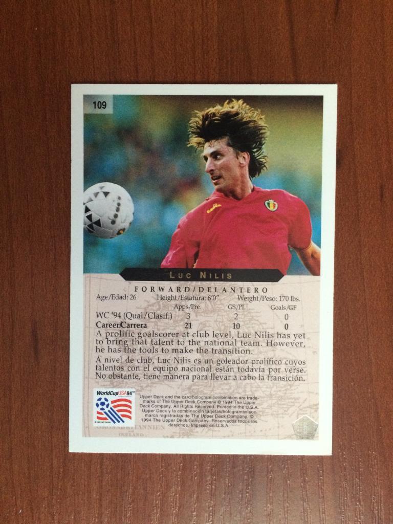 Карточка 1994 Upper Deck World Cup English/Spanish Luc Nilis № 109 1