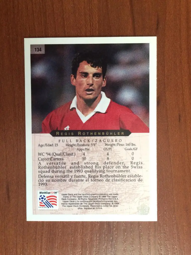 Карточка 1994 Upper Deck World Cup English/Spanish Regis Rothenbuler № 134 1