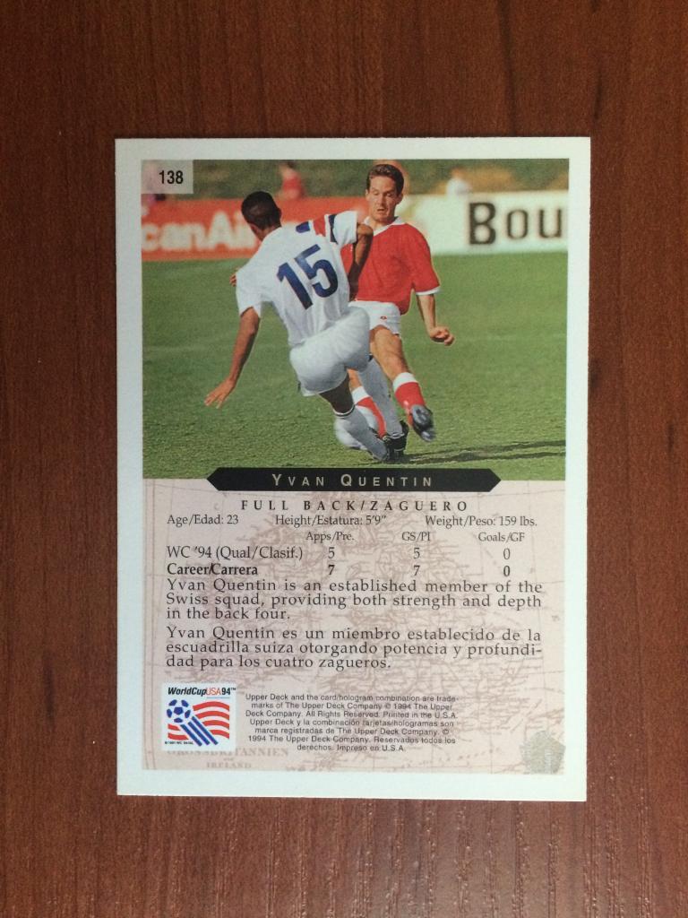 Карточка 1994 Upper Deck World Cup English/Spanish Yvan Quentin № 138 1