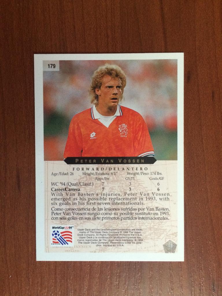 Карточка 1994 Upper Deck World Cup English/Spanish Peter Van Vossen № 179 1