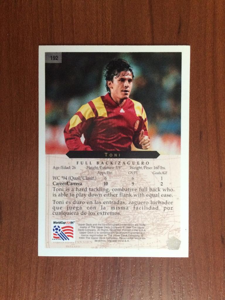 Карточка 1994 Upper Deck World Cup English/Spanish Toni № 192 1