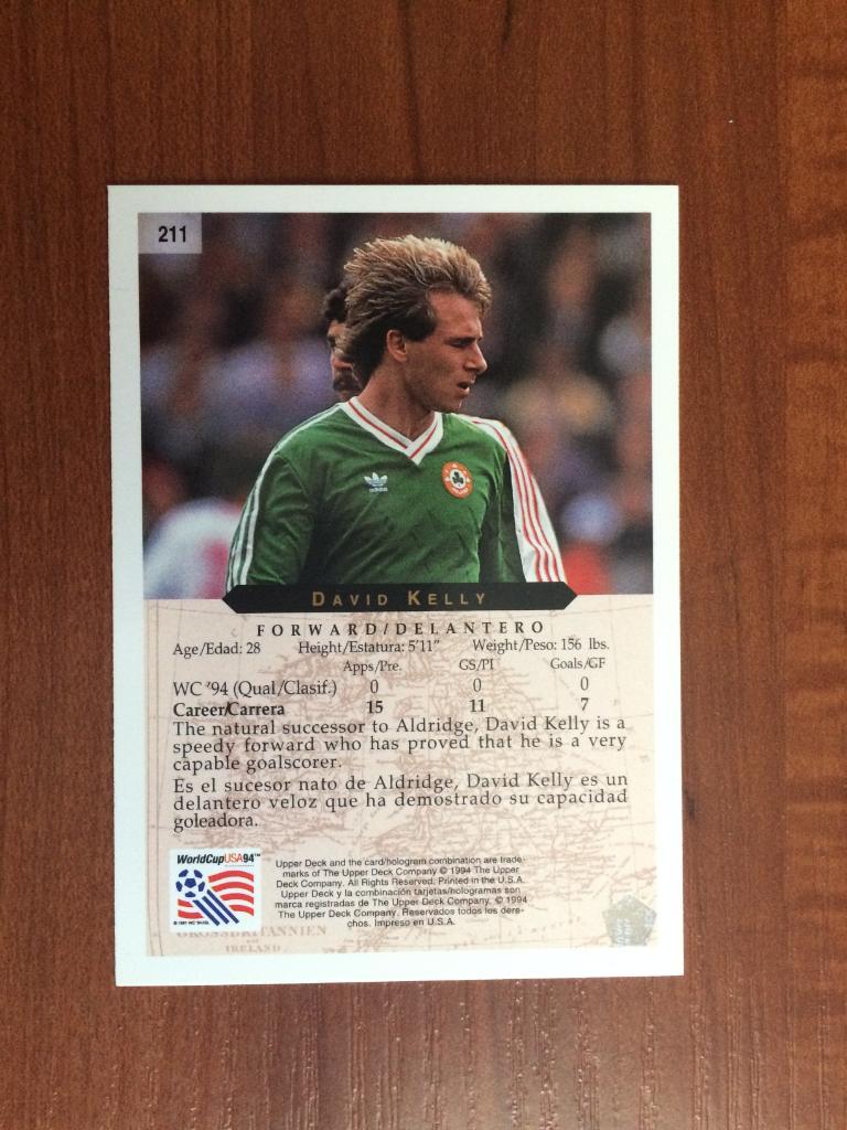 Карточка 1994 Upper Deck World Cup English/Spanish David Kelly № 211 1