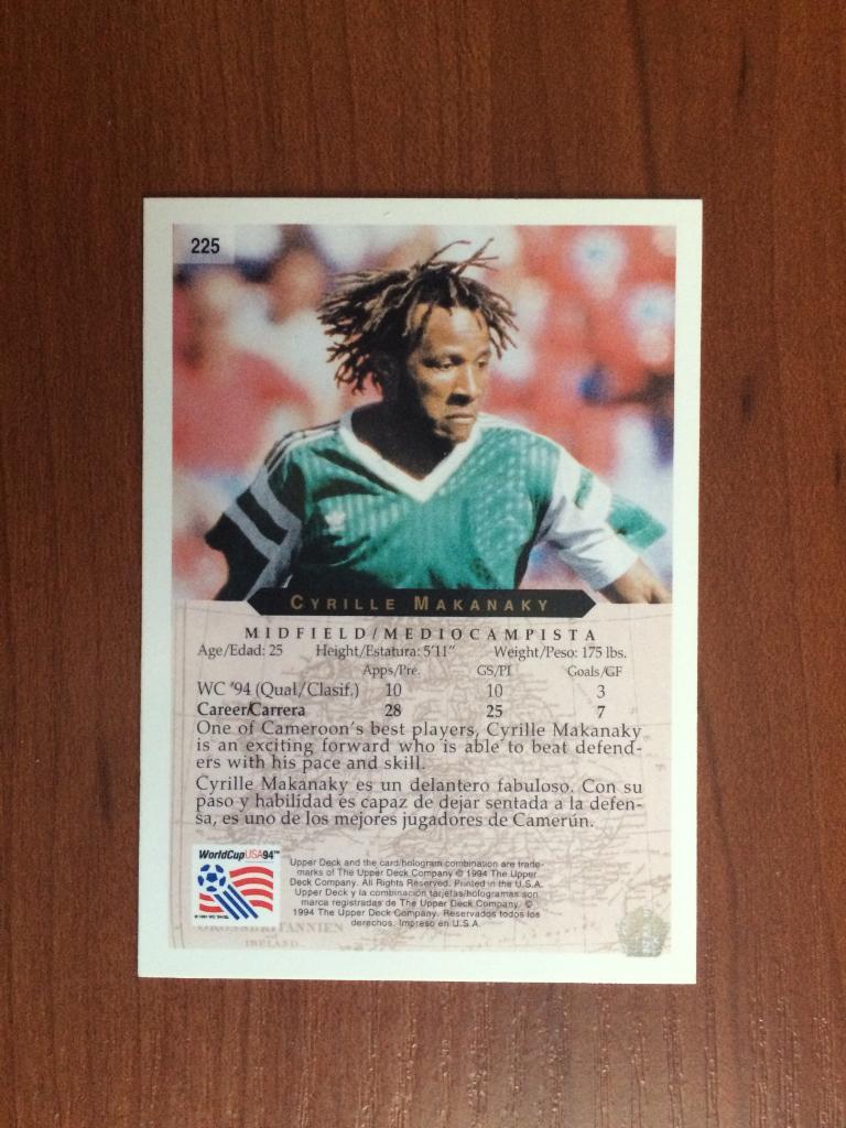 Карточка 1994 Upper Deck World Cup English/Spanish Cyrille Makanaky № 225 1