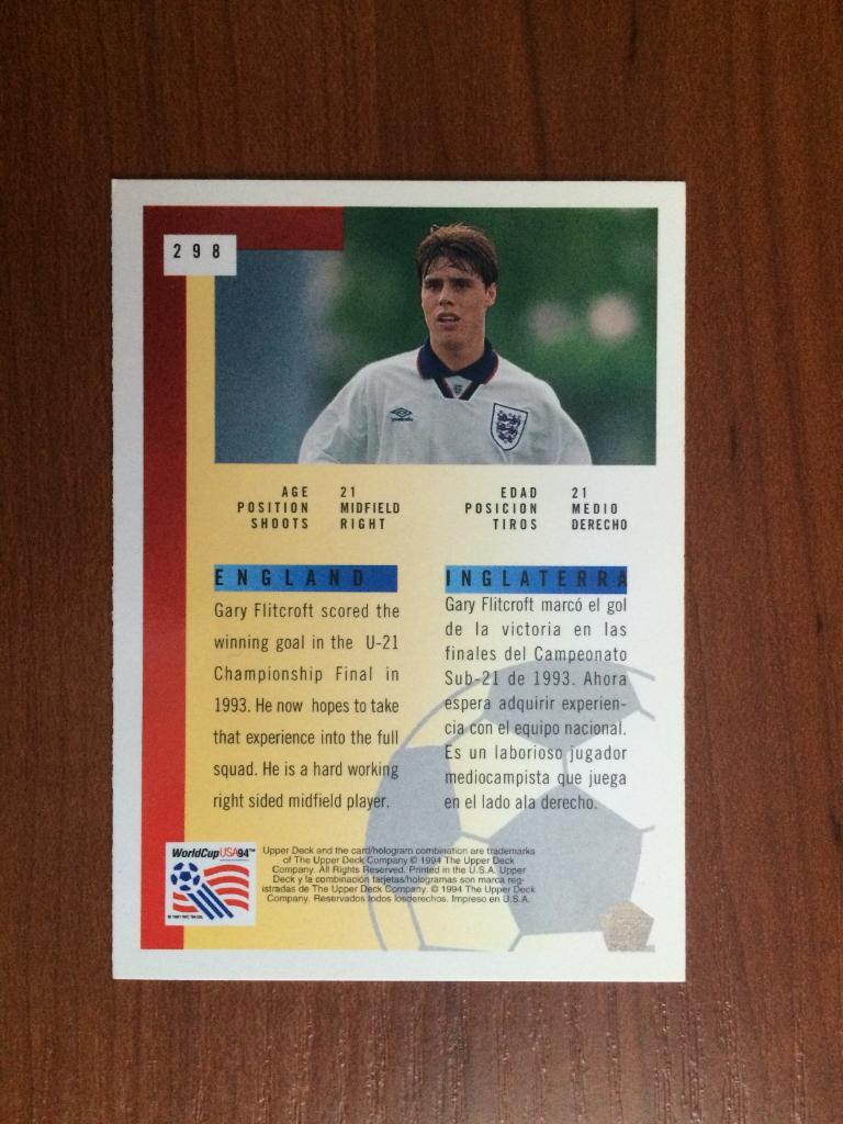 Карточка 1994 Upper Deck World Cup English/Spanish Gary Flitcroft № 298 1