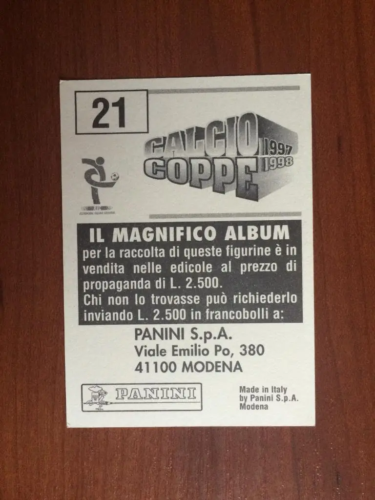 Наклейка Panini Calcio Coppe 1997-1998 Gianluca Pessotto № 21 1