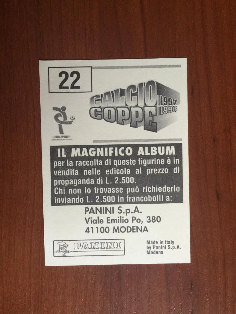 Наклейка Panini Calcio Coppe 1997-1998 Moreno Torricelli № 22 1