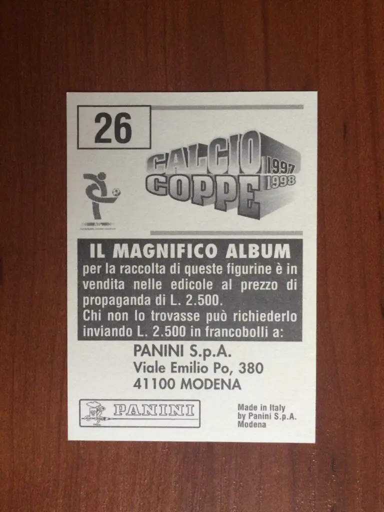 Наклейка Panini Calcio Coppe 1997-1998 Fabio Pecchia № 26 1