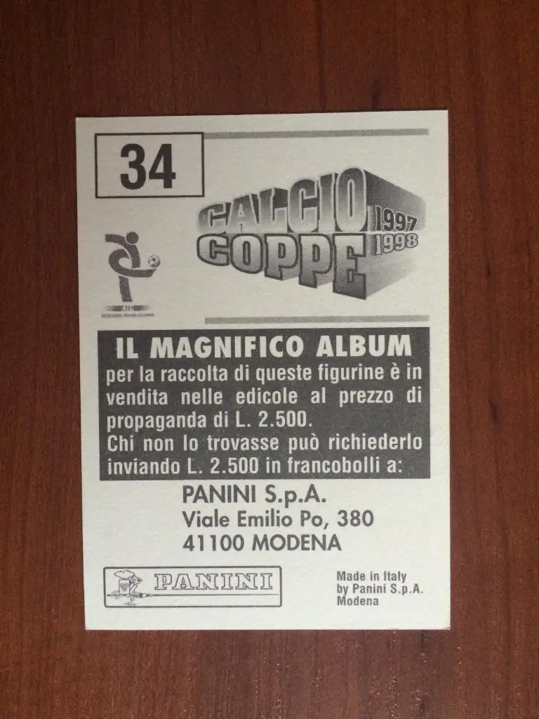 Наклейка Panini Calcio Coppe 1997-1998 Antonio Benarrivo № 34 1