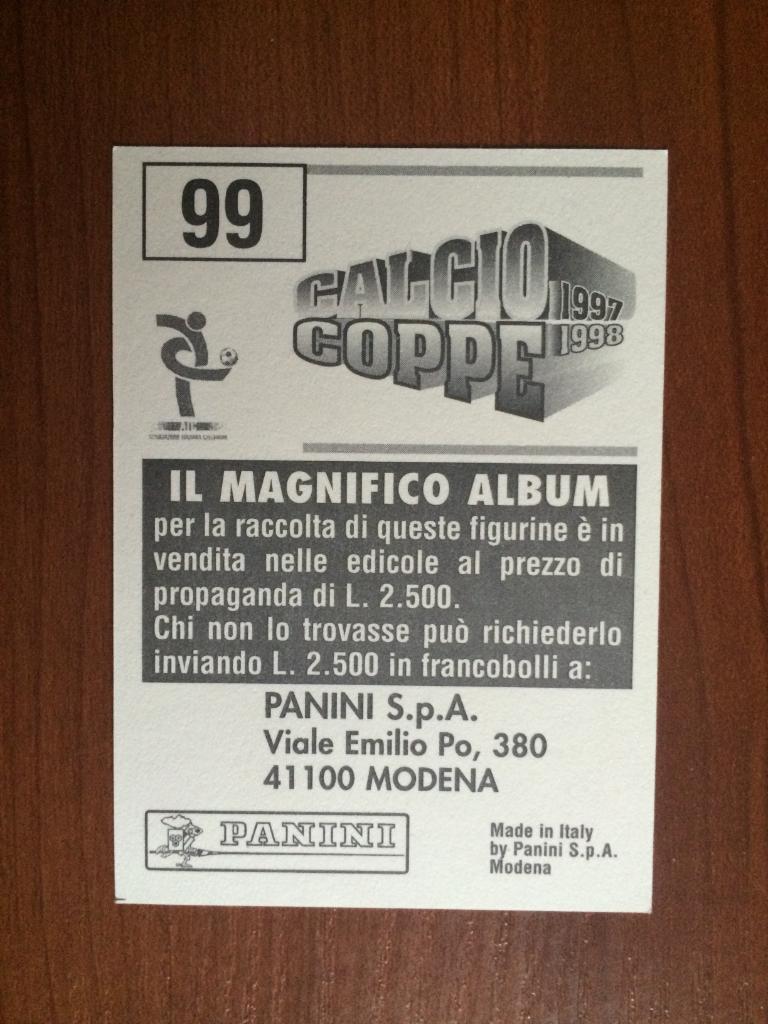 Наклейка Panini Calcio Coppe 1997-1998 Massimo Paganin № 99 1