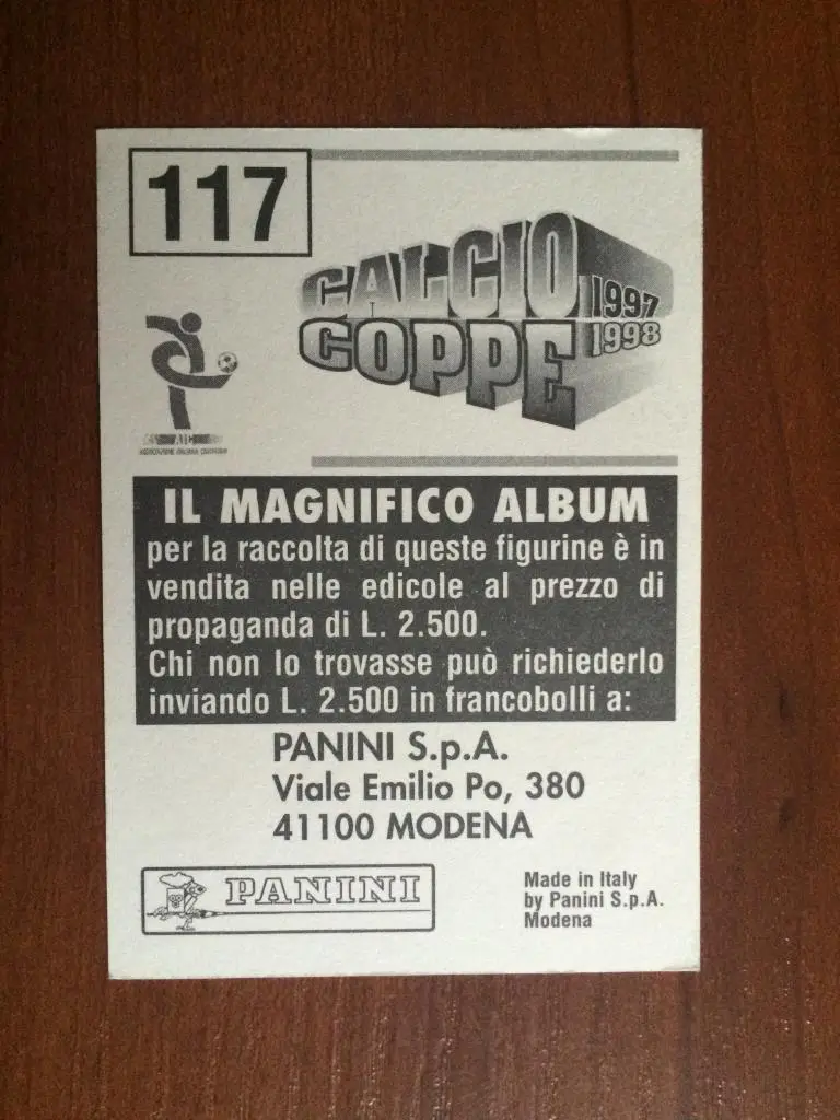 Наклейка Panini Calcio Coppe 1997-1998 Giuseppe Favalli № 117 1