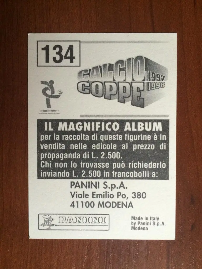 Наклейка Panini Calcio Coppe 1997-1998 Fabrizio Ferron № 134 1