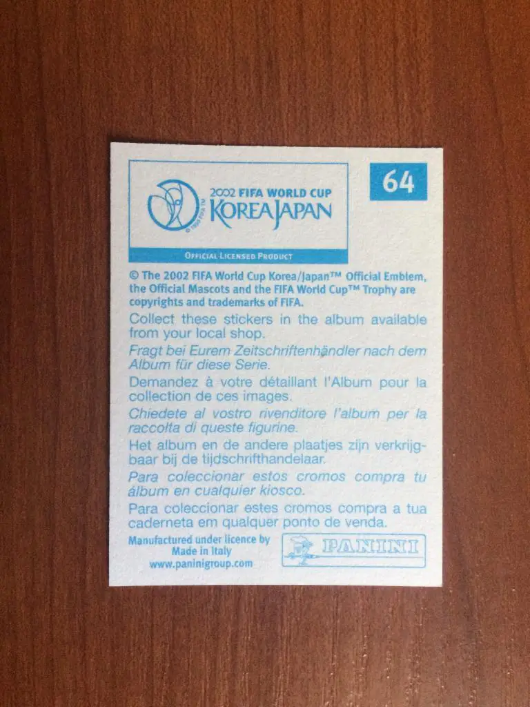 Наклейка PANINI Чемпионат Мира 2002 Washington Tais № 64 1