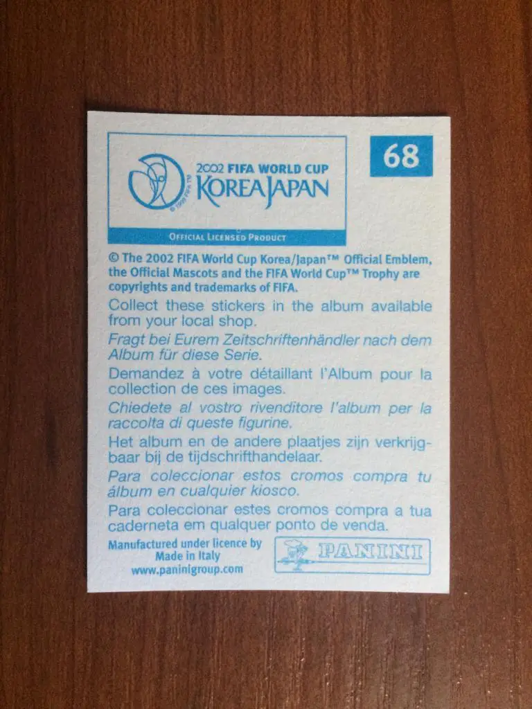 Наклейка PANINI Чемпионат Мира 2002 Dario Rodriguez № 68 1