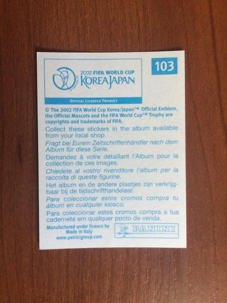 Наклейка PANINI Чемпионат Мира 2002 Sergi Barjuan № 103 1