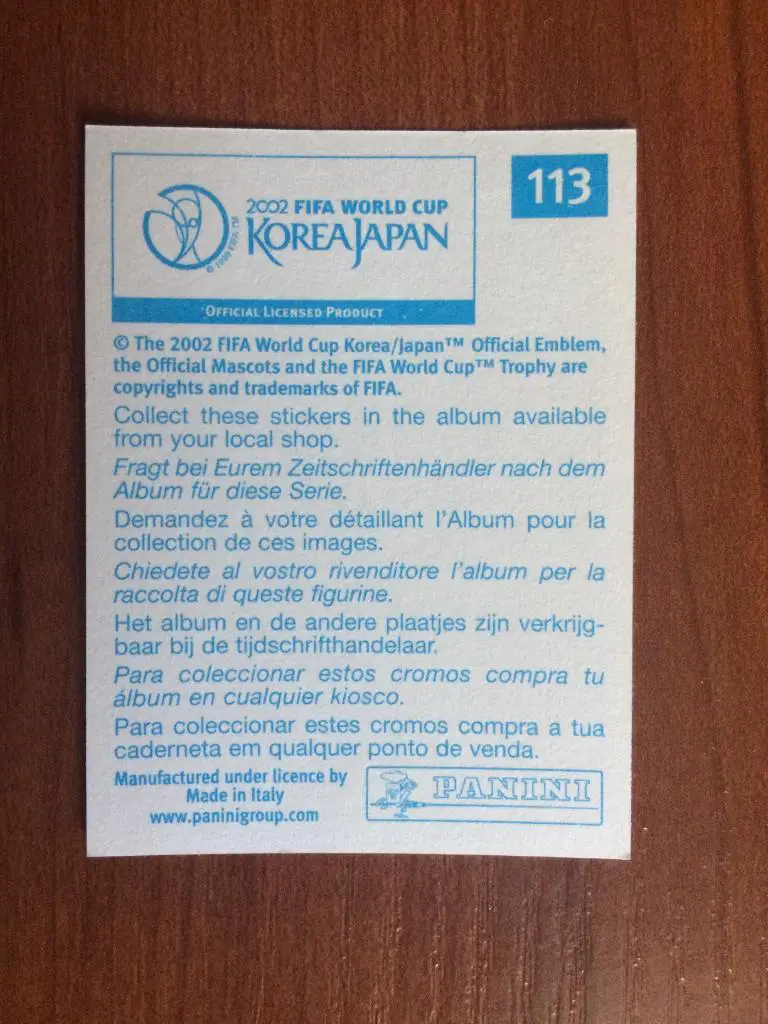 Наклейка PANINI Чемпионат Мира 2002 Ismael Urzaiz № 113 1