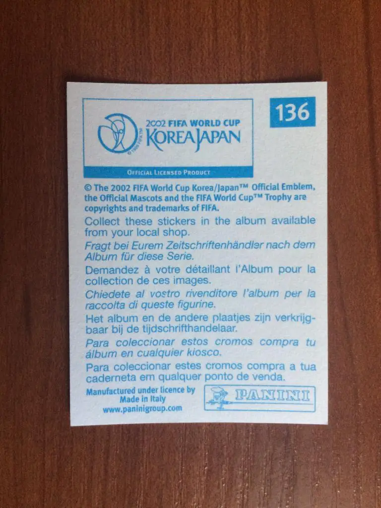 Наклейка PANINI Чемпионат Мира 2002 Francisco Javier Arce № 136 1