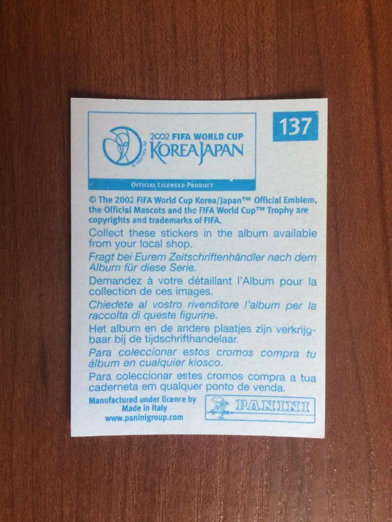 Наклейка PANINI Чемпионат Мира 2002 Carlos Alberto Gamarra № 137 1