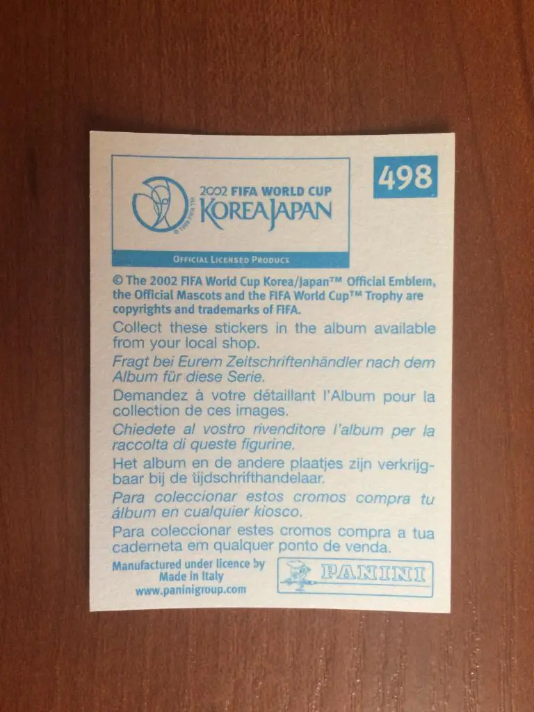 Наклейка PANINI Чемпионат Мира 2002 Claudio Suarez № 498 1