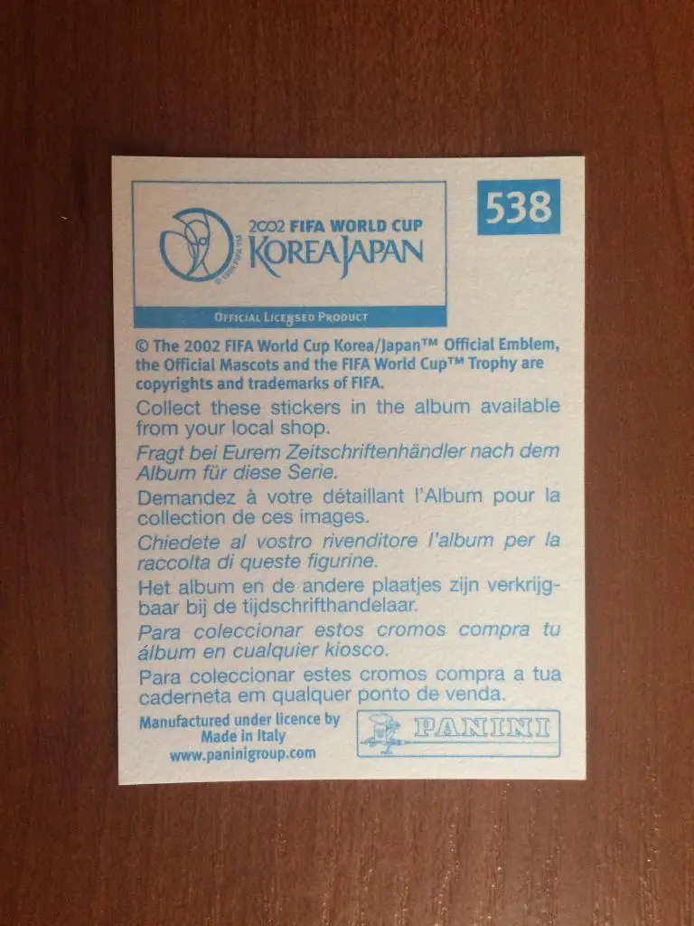 Наклейка PANINI Чемпионат Мира 2002 Toshihiro Hattori № 538 1