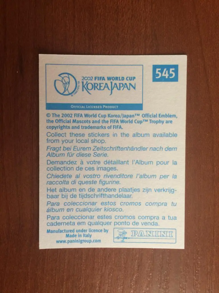 Наклейка PANINI Чемпионат Мира 2002 Akinori Nishizawa № 545 1