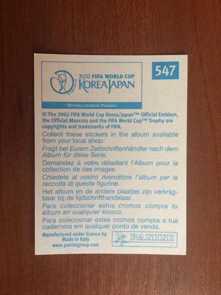 Наклейка PANINI Чемпионат Мира 2002 Naohiro Takahara № 547 1