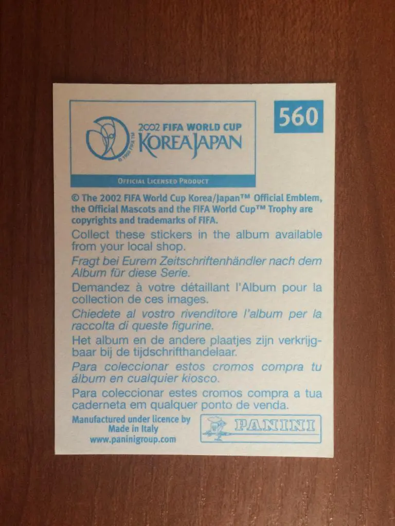 Наклейка PANINI Чемпионат Мира 2002 Walter Baseggio № 560 1