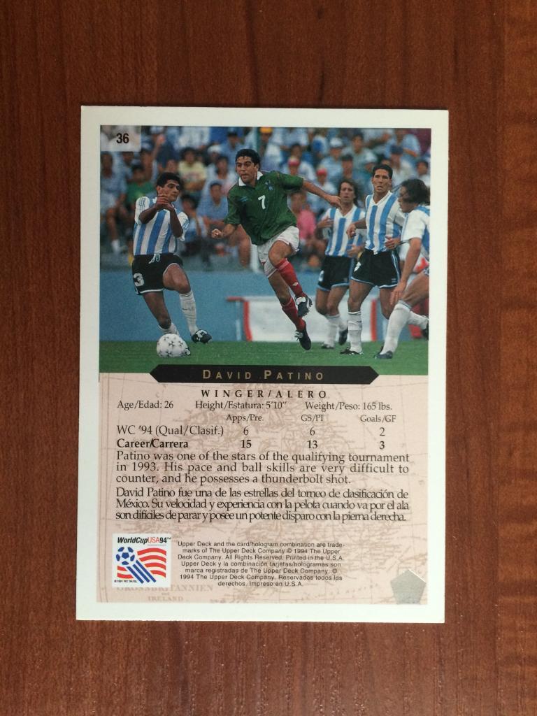 Карточка 1994 Upper Deck World Cup English/Spanish David Patino № 36 1