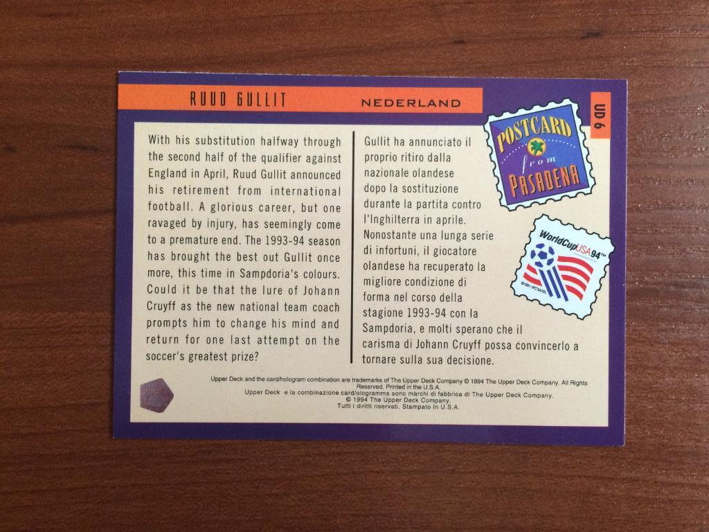 Карточка Upper Deck World Cup USA 1994 Ruud Gullit № UD6 1