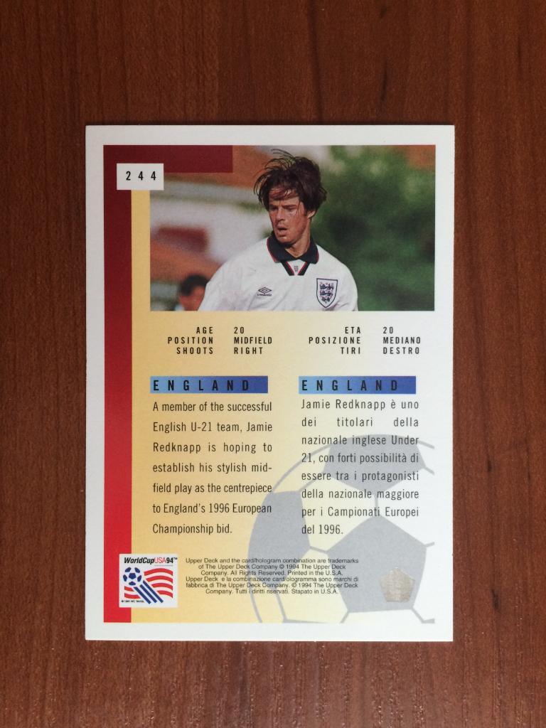 Карточка Upper Deck World Cup USA 1994 Jamie Redknapp № 244 1