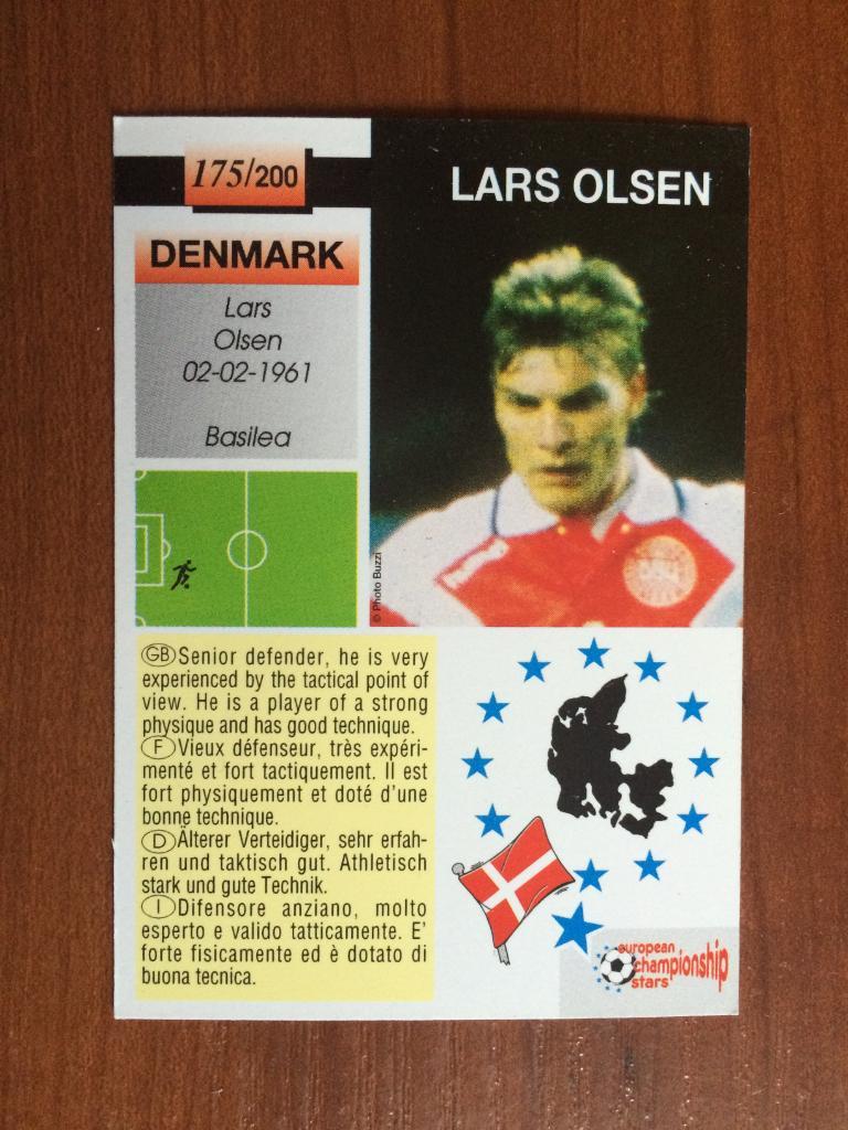 Карточка Lars Olsen PLASCOT European Championship Stars 1996 № 175 1
