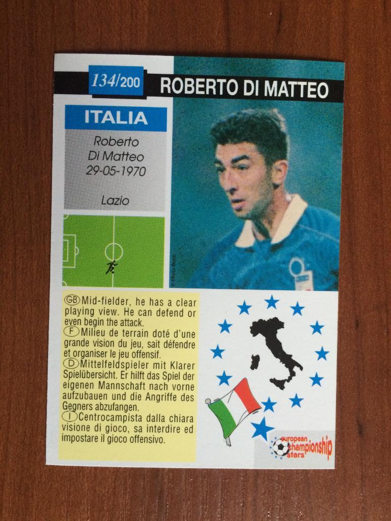 Карточка Roberto Di Matteo PLASCOT European Championship Stars 1996 № 134 1
