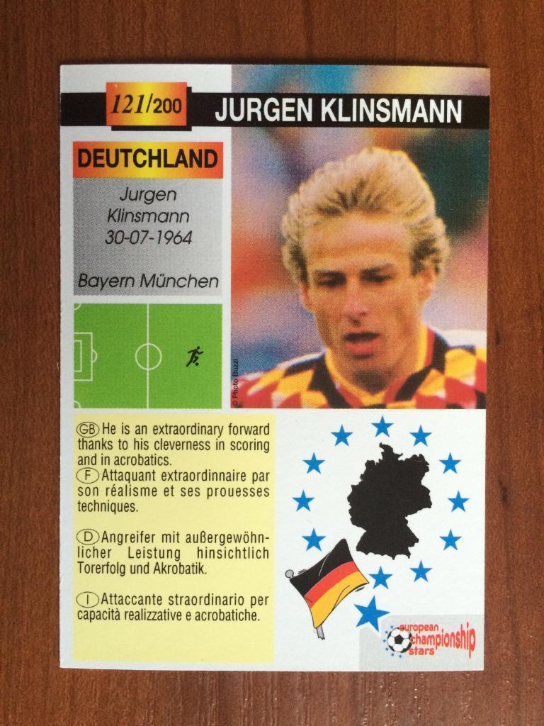 Карточка Jurgen Klinsmann PLASCOT European Championship Stars 1996 № 121 1