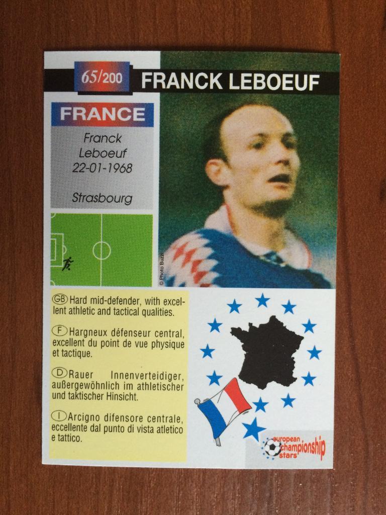 Карточка Frank Leboeuf PLASCOT European Championship Stars 1996 № 65 1