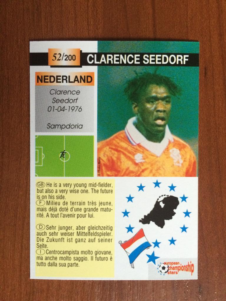 Карточка Clarence Seedorf PLASCOT European Championship Stars 1996 № 52 1
