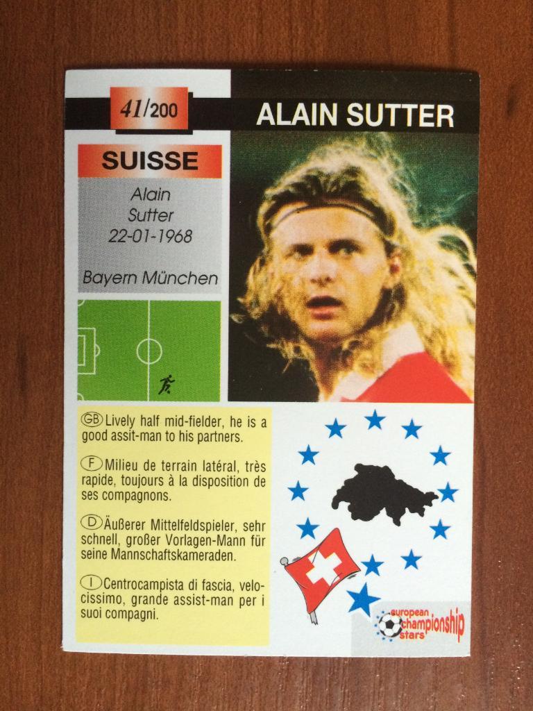 Карточка Alain Sutter PLASCOT European Championship Stars 1996 № 41 1