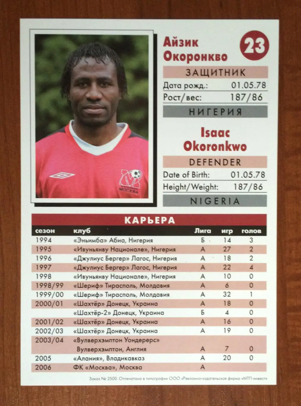 Открытка ФК Москва Айзик Окоронкво 1