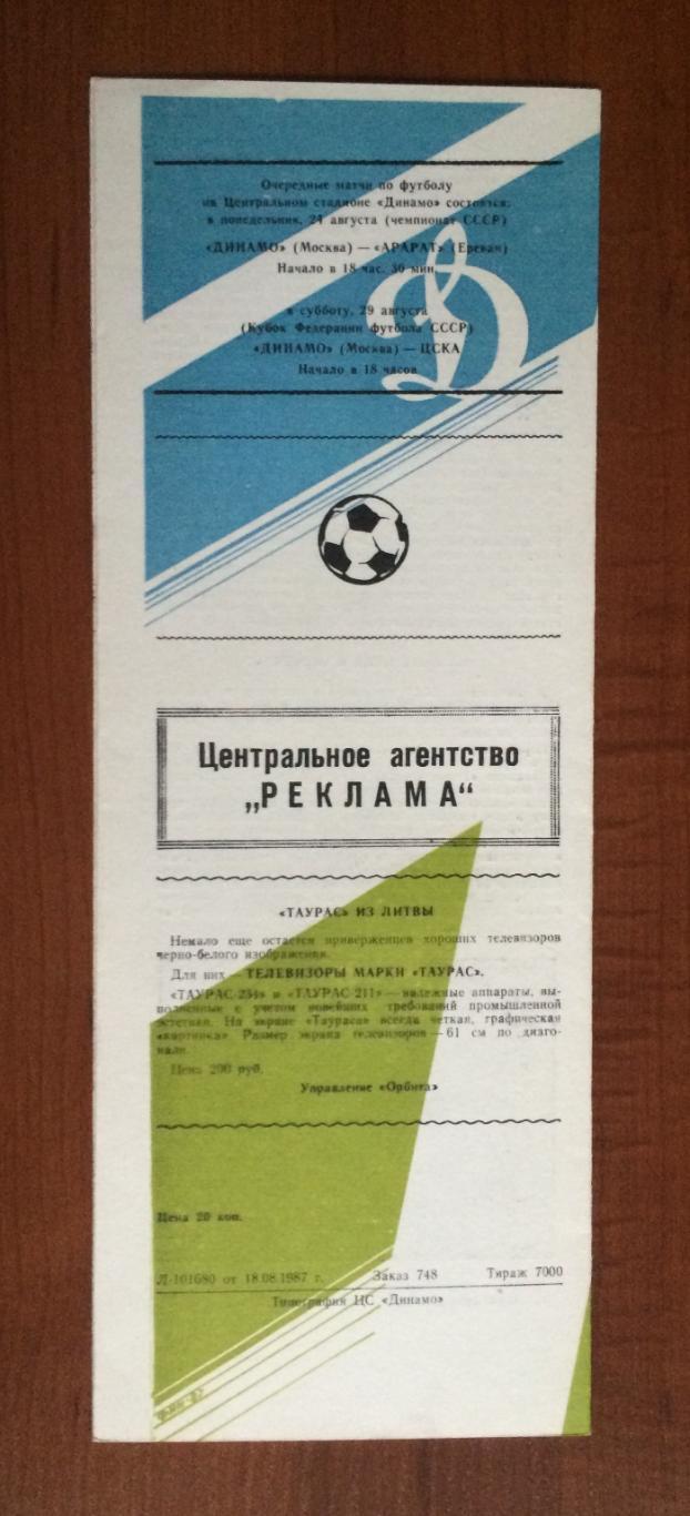 Программа ЦСКА Москва - Нефтчи Баку 23.08.1987 год 1