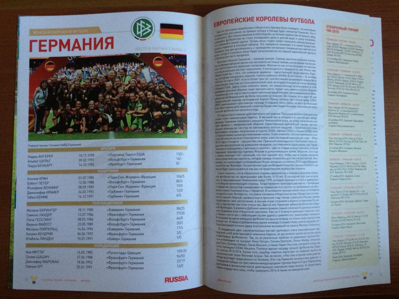 Программа футбол женщины Россия - Германия 13.09.2014 год 4