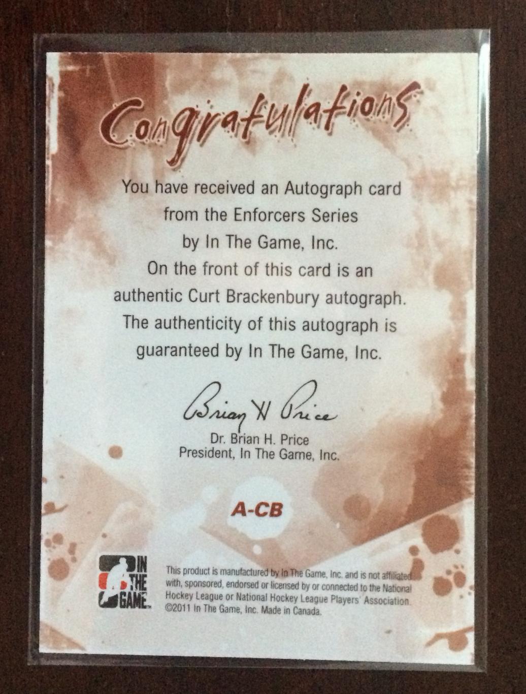 Карточка Curt Brackenbury A - CB сертифицированный Autograph ITG Enforcers 1