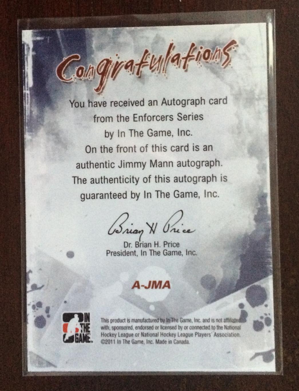Карточка Jimmy Mann A - JMA сертифицированный Autograph ITG Enforcers 1