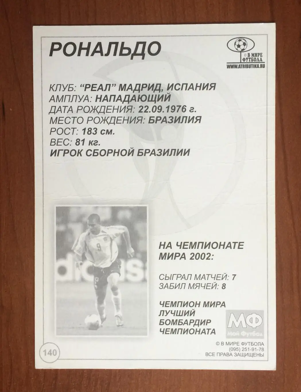 Открытка Рональдо сборная Бразилия серия в Мире Футбола 2