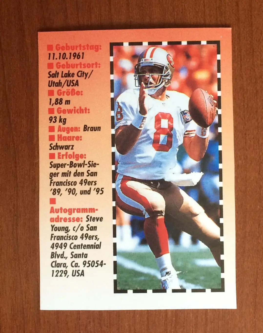 Карточка Steven Young Стив Янг Американский футбол 2