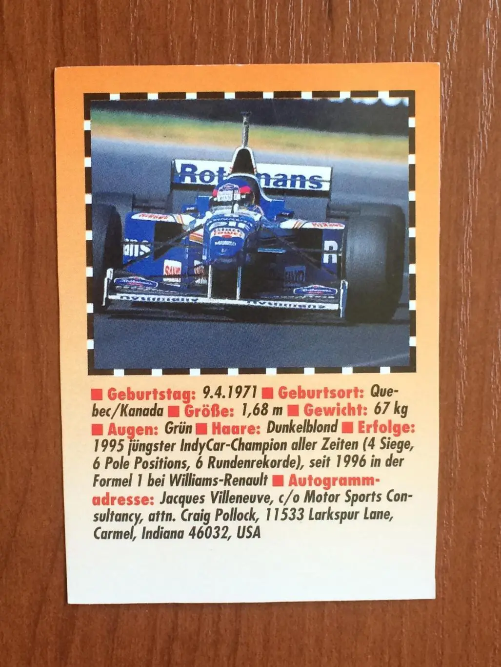 Карточка Jacques Villeneuve Жак Вильнев Формула 1 2
