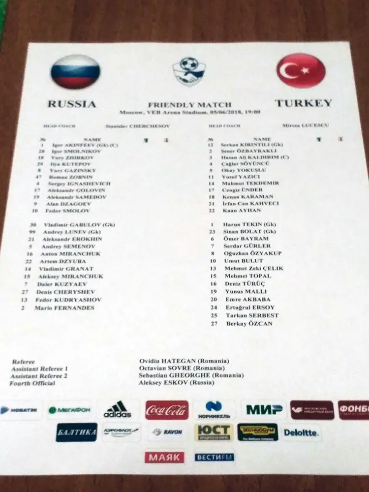 2018 Россия - Турция Старт лист АНГЛ