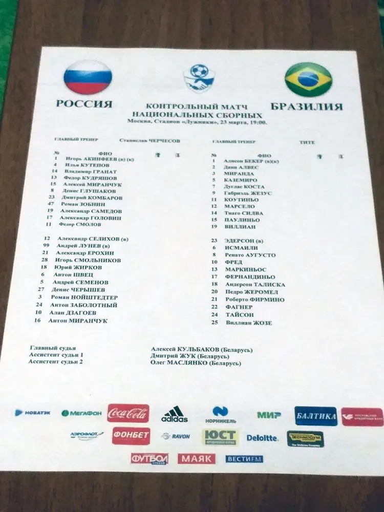 2018 Россия - Бразилия старт лист РУС