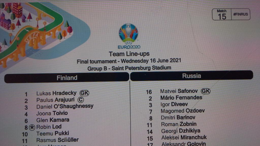 2021 ЕВРО 2020 Финляндия - Россия старт лист FINLAND - RUSSIA Line-ups