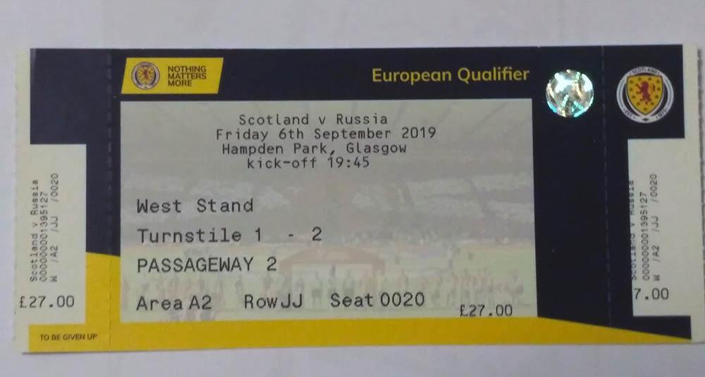 2019 Шотландия-Россия билет SCOTLAND-RUSSIA Full ticket