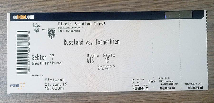 2016 Россия-Чехия БИЛЕТ RUSSIA-СZECH REPUBLIC ticket Инсбрук