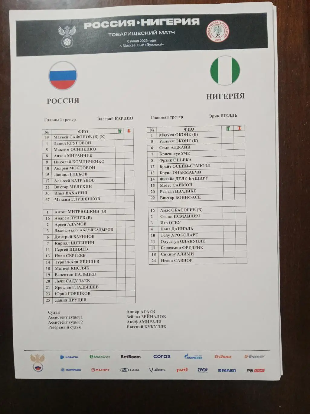 2025 РОССИЯ - НИГЕРИЯ Старт лист РУС